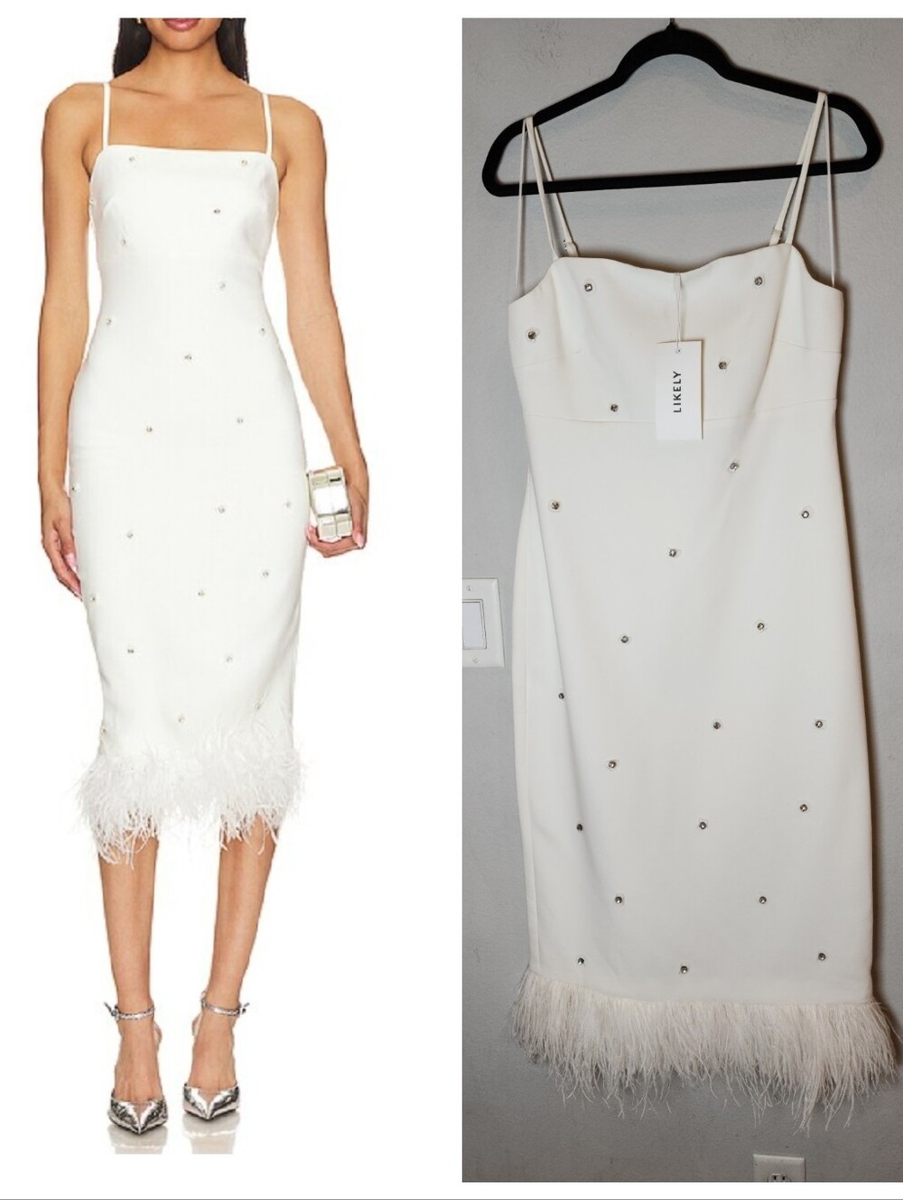 NWT Likely Electra Dress Ostrich Feather Trim Rhinestone Embellished White Sz 10